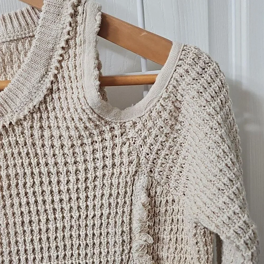 Elan Cold Shoulder Distressed Waffle Knit Sweater in Cream Size S